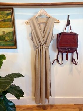Neutral Beige Wrap Style Midi Dress | Minimalist Elastic Waist